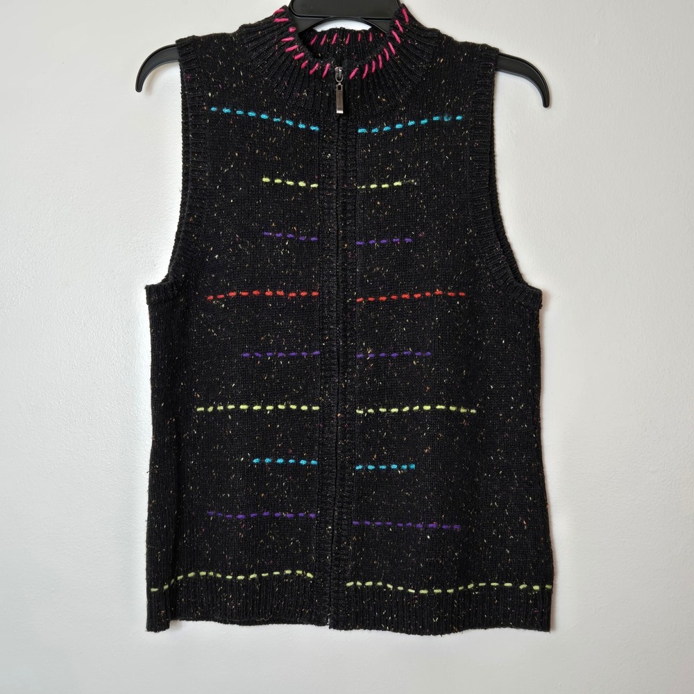 Coldwater Creek‎ M Black Rainbow Confetti Zip Up Knit Sweater Vest Mock Neck